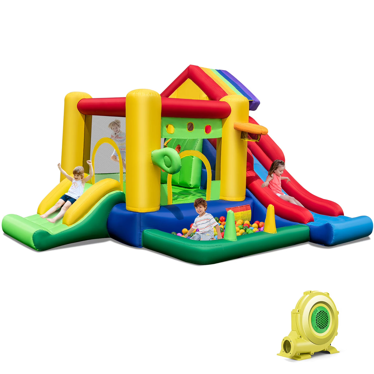 2026 NewCostway Colorful Rainbow Kids Inflatable Bounce Castle with 50 Ocean Balls & 735W Blower