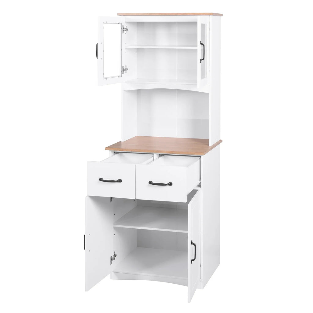 2026 NewClearance! Wooden Kitchen Cabinet White Pantry Room Storage Microwave Cabinet with Framed Glass Doors and Drawer