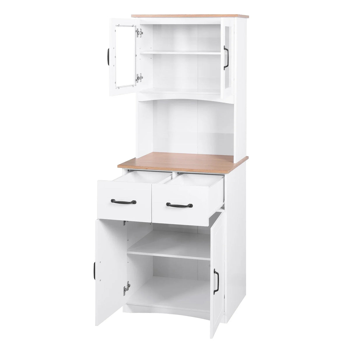 2026 NewClearance! Wooden Kitchen Cabinet White Pantry Room Storage Microwave Cabinet with Framed Glass Doors and Drawer