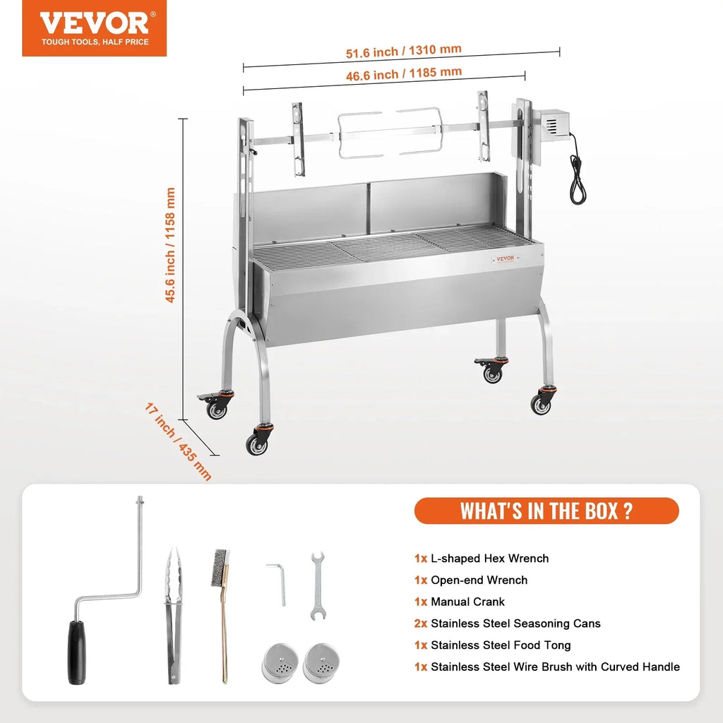 2026 NewVEVOR Rotisserie Grill with Windscreen, BBQ Whole Pig Lamb Goat Charcoal Spit Grill, 46 Inch 132 Lbs Capacity, Electric 52W Motor Stainless Steel Roaster with Lockable Wheels, for Camping Outdoor