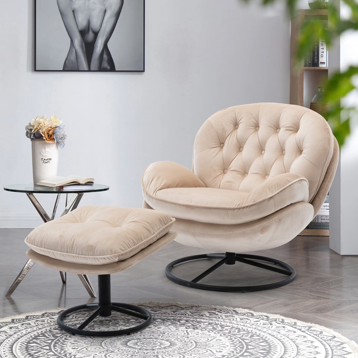 2026 NewVelvet Swivel Accent Chair with Ottoman, Modern Chaise Lounge Chair with Metal Frame and Footstool, Comfy Armchair Reading Chair for Living Room Bedroom Office,Blue