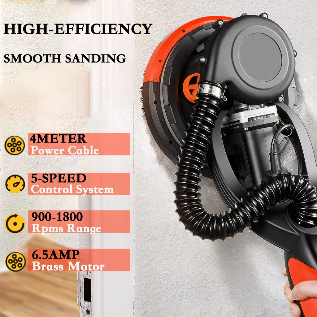 2026 NewPOVANLI 780W Electric Drywall Sander with Vacuum Dust Collection, 6.5A Motor Dustless Floor Sander with Variable Speed 900-1800RPM, LED Light, Extendable & Foldable Handle Yellow+Black