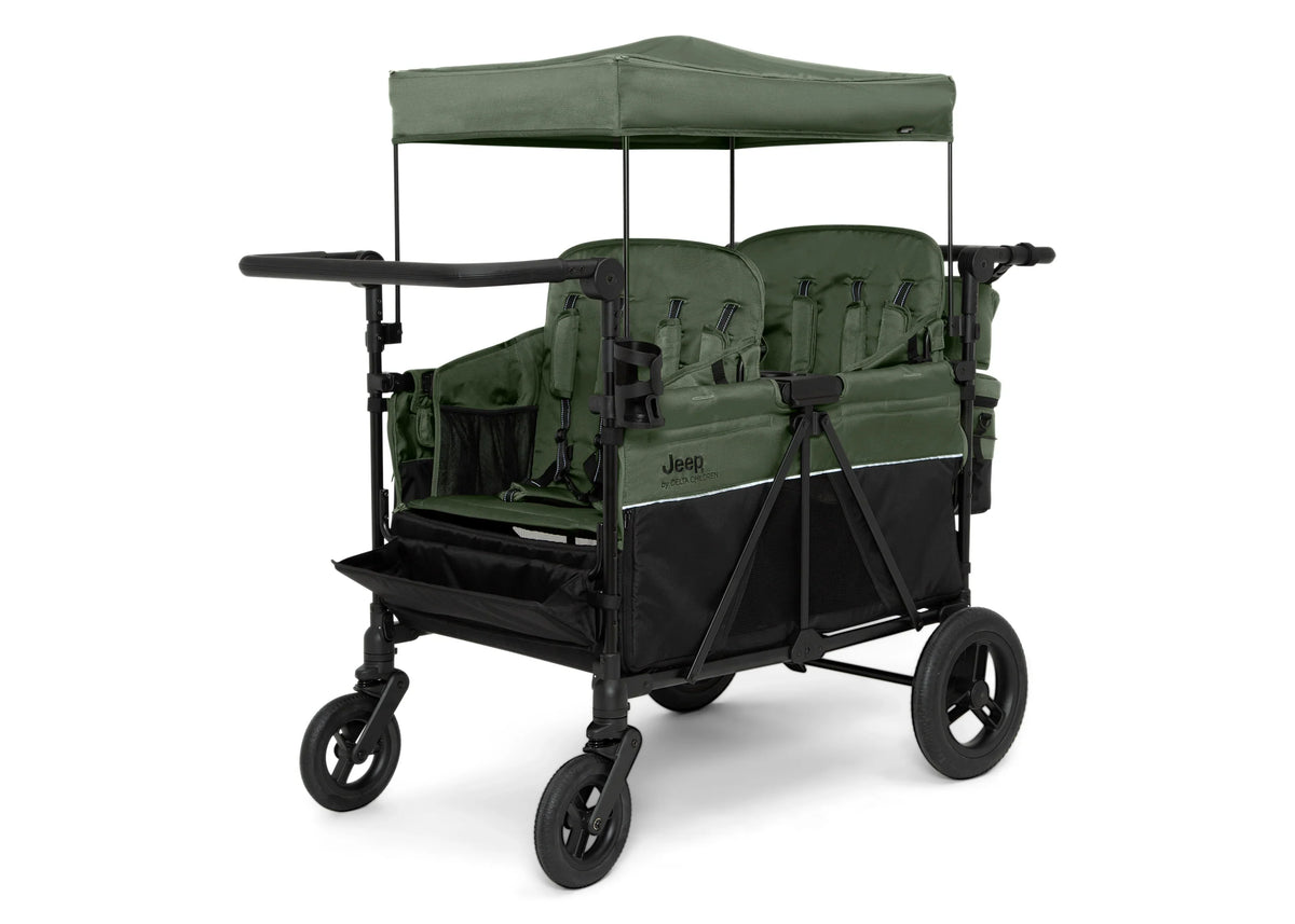 2026 Carrito-Paseador Jeep Wrangler Deluxe para 4 Niños – Capota Desmontable, Bolsa Térmica, Asientos Modulares, Almacenamiento XXL, Ruedas Antipinchazos, Manillares Ajustables