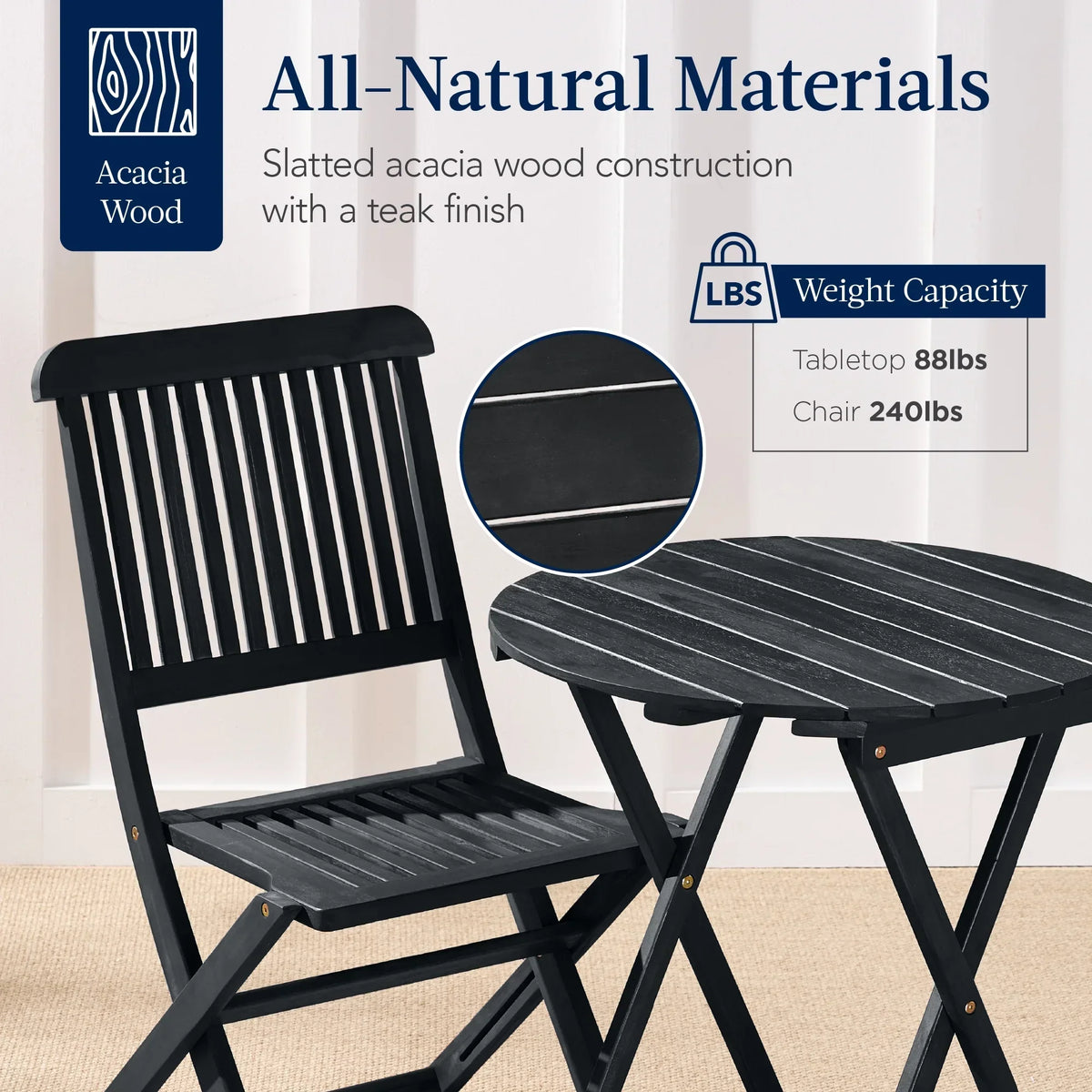 2026 NewBest Choice Products 3-Piece Acacia Wood Bistro Set, Folding Patio Furniture w/ 2 Chairs, Table - Natural