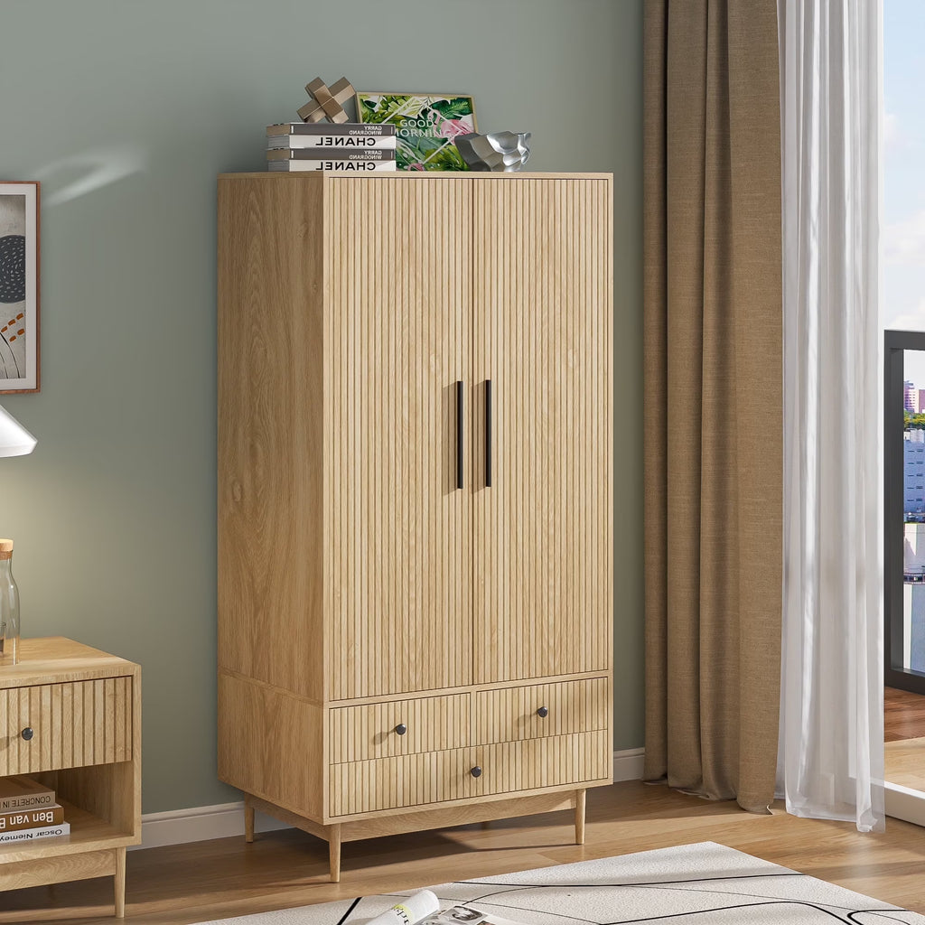 2026 NewArmoire Wardrobe Closet with 2 Doors, Wardrobe Cabinet with Hanging Rod and Drawers, Wooden Closet for Bedroom, White