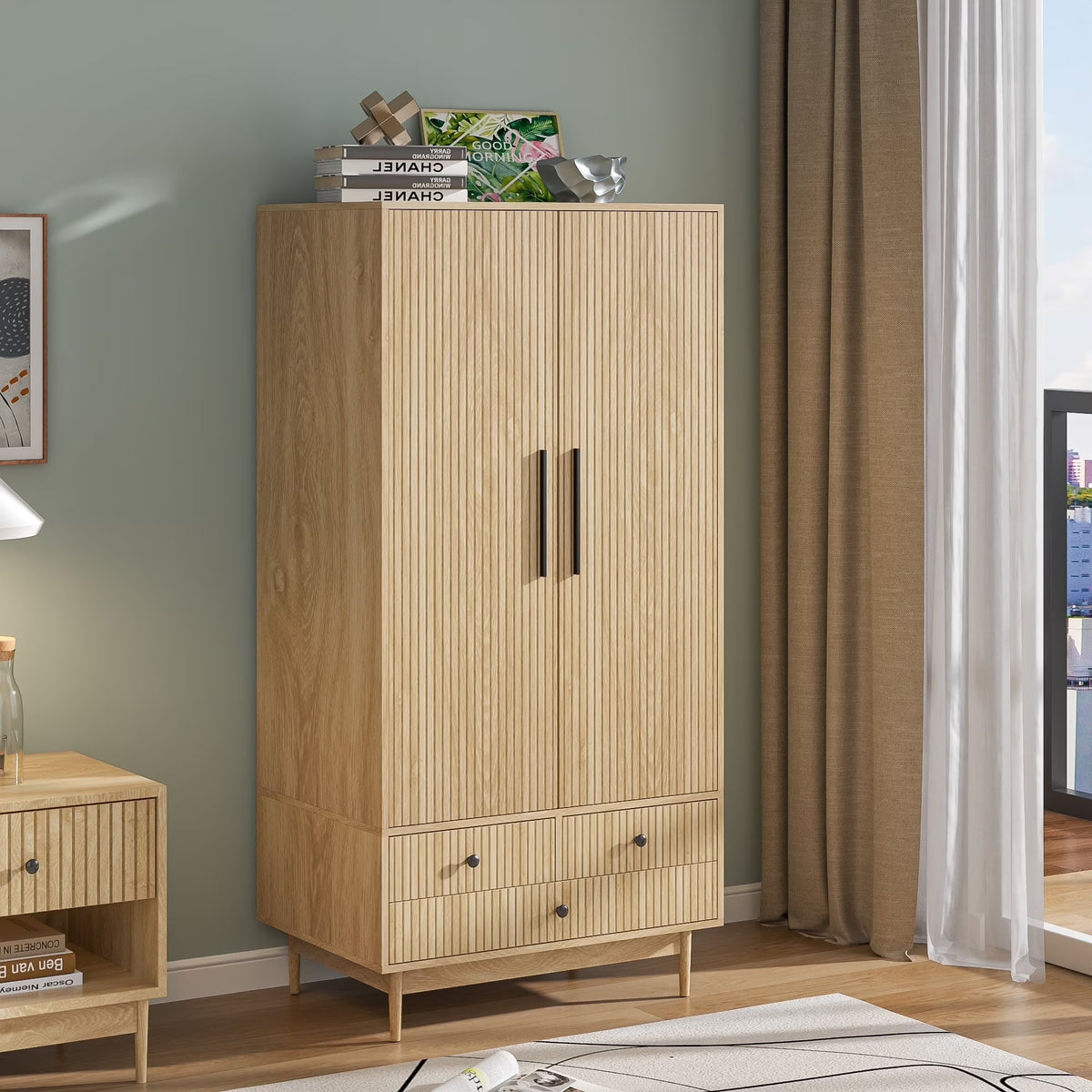 2026 NewArmoire Wardrobe Closet with 2 Doors, Wardrobe Cabinet with Hanging Rod and Drawers, Wooden Closet for Bedroom, White