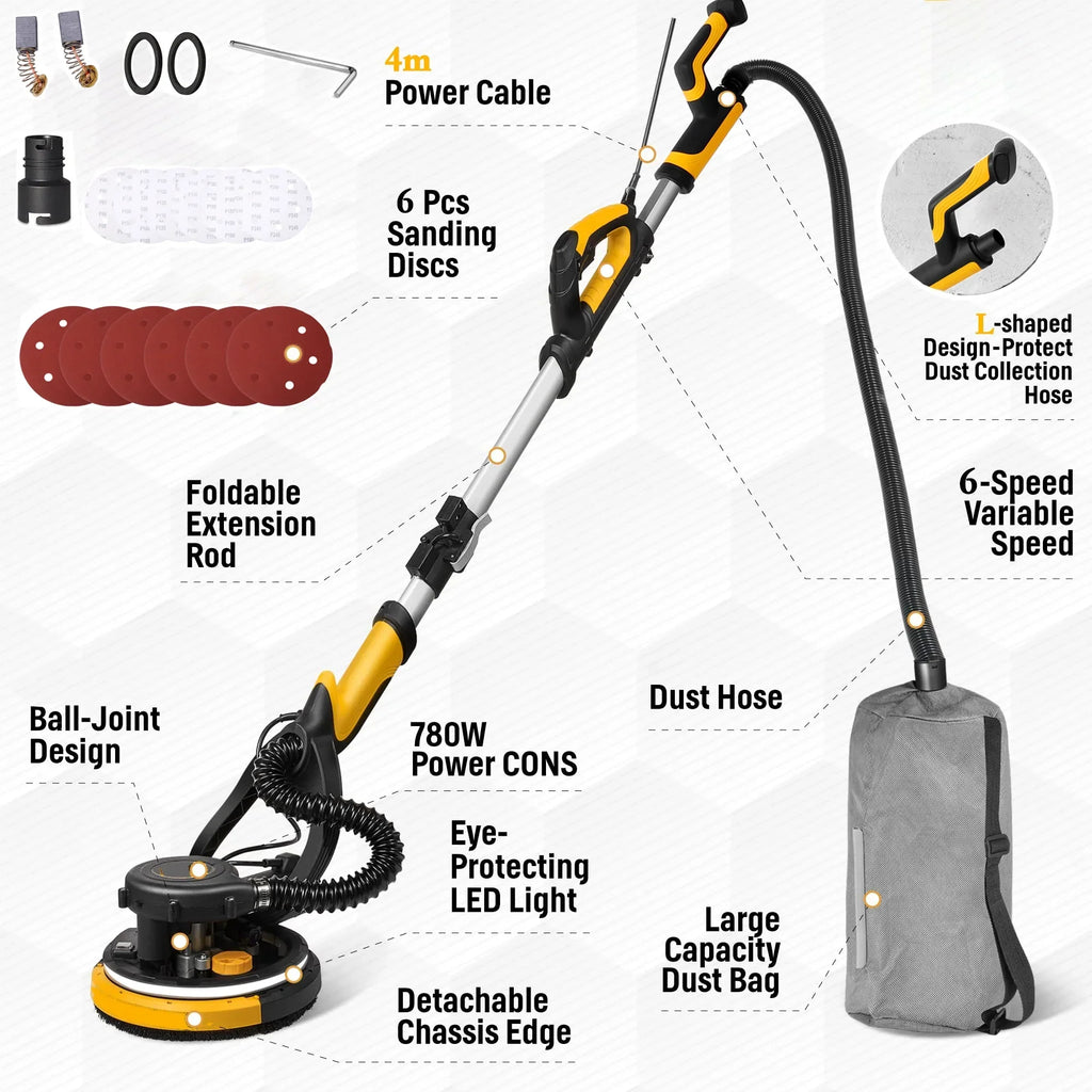 2026 NewPOVANLI 780W Electric Drywall Sander with Vacuum Dust Collection, 6.5A Motor Dustless Floor Sander with Variable Speed 900-1800RPM, LED Light, Extendable & Foldable Handle Yellow+Black