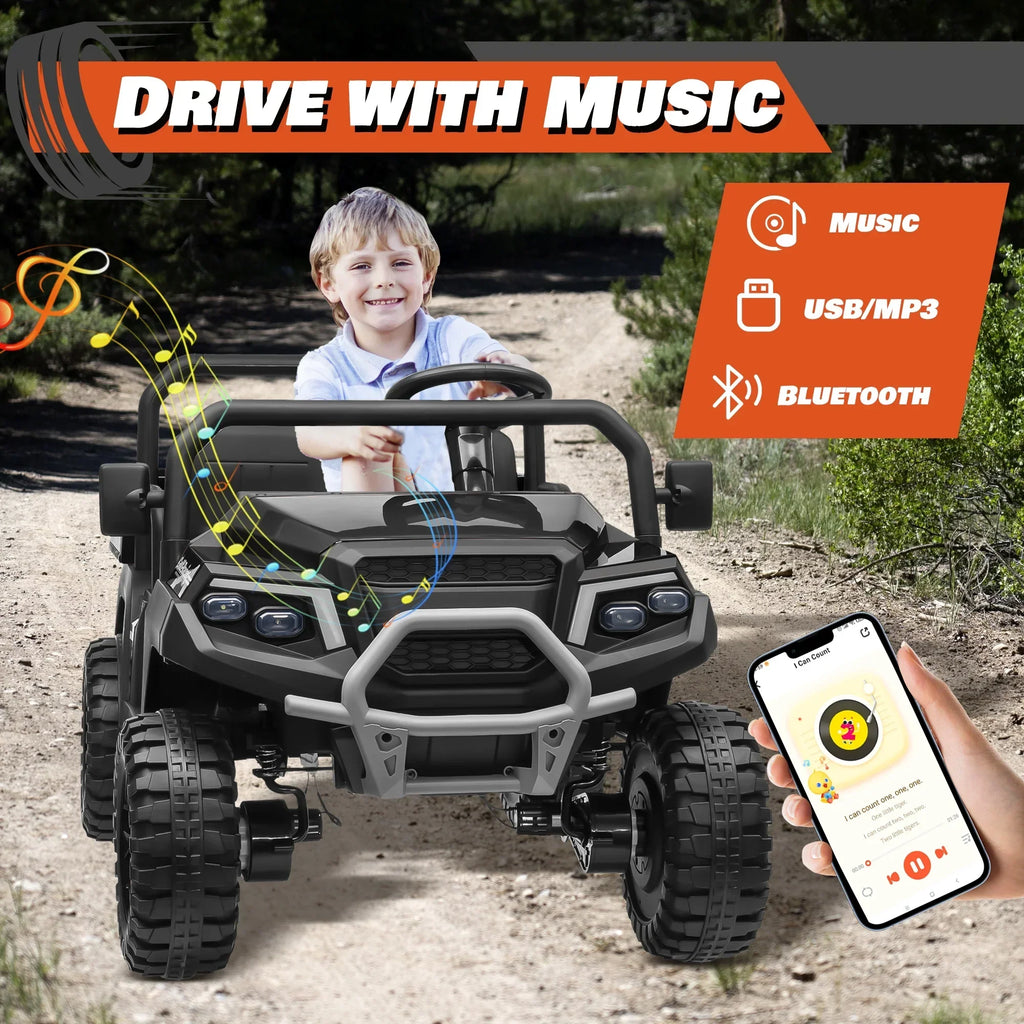 2026 NewJoyracer 4WD 24 Volt Ride on Toys UTV with 2 Seater & Remote Control, Kids Electric Golf Cart w/ 4x200W Power Motors, Tiltable Trailer & Shovel, 4 Wheels Spring Suspension, Bluetooth USB Music, Black