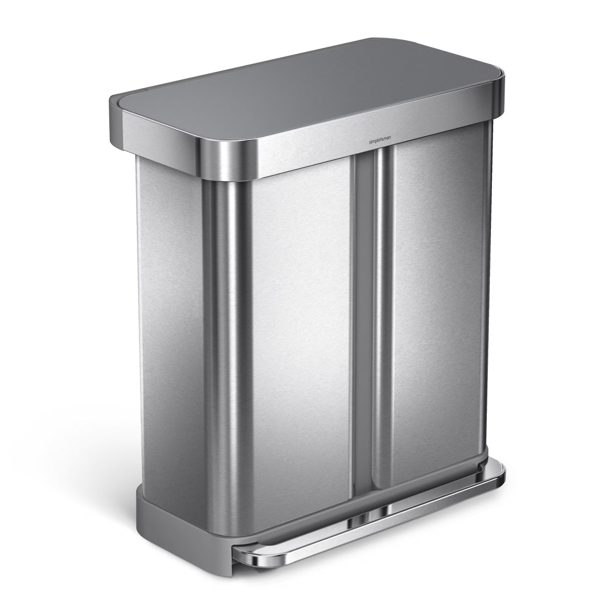 2026 Newsimplehuman 58 Liter / 15.3 Gallon Rectangular Dual Compartment Recycling Step, Brushed Stainless Steel with Soft-Close Plastic Lid Kitchen Trash Can