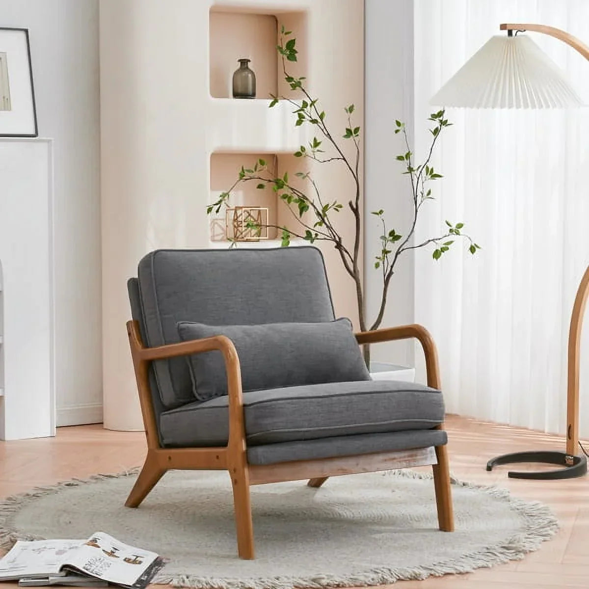 2026 NewAccent Chairs, Single Linen Lounge Reading Armchair with Solid Wood Frame, Mid Century Modern Easy Assembly Arm Chairs for Living Room-Beige
