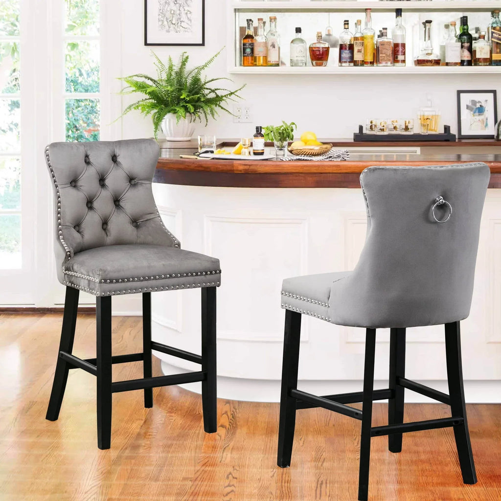 2026 NewVelvet Bar Stools Set of 2, Upholstered Counter Height Bar Chair with Rivet and Button Trim, Bar Stool with Back and Footrest, for Dining Room, Kitchen, Pub, Gray
