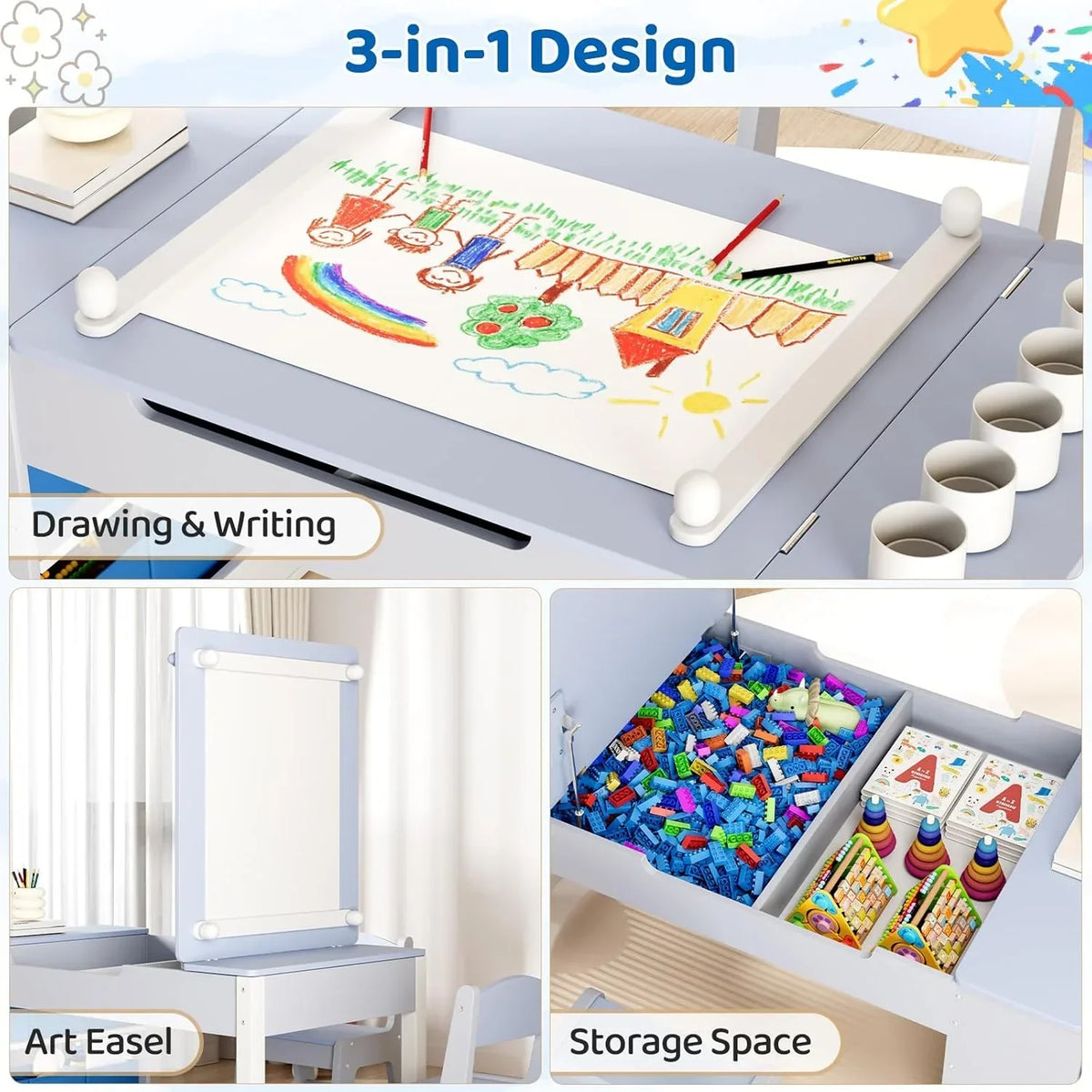 2026 NewLAZY BUDDY Kids Art Table and 2 Chairs Set, 2 in 1 Easel & Toddler Craft Table and Chairs Set with Storage Bins, Paint Cups and Paper Roll, Activity Table Set for Children 3+