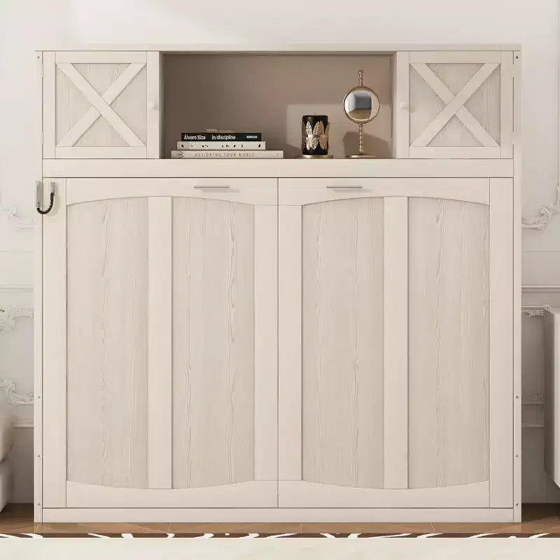 2026 Cama abatible tamaño Full con armarios de almacenamiento y estructura de madera, beige