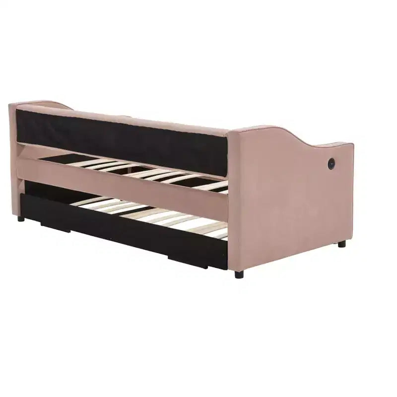 2026 Cama sofá Twin con cama nido, tapizada en terciopelo, puerto USB y bolsillos laterales - ModernLuxe