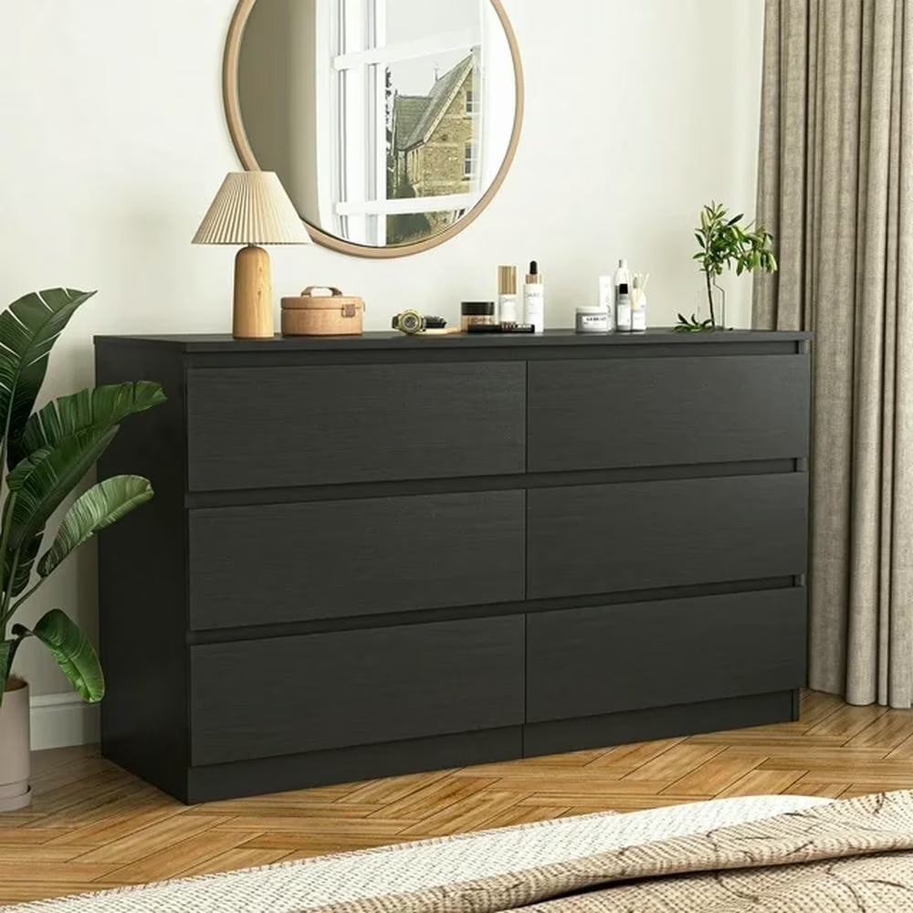 2026 NewKadyn Modern 6 Drawer Dresser Wood Cabinet,Dresser for Bedroom, Kitchen Storage Cabinet with Drawers, Chest of Drawers(Black)