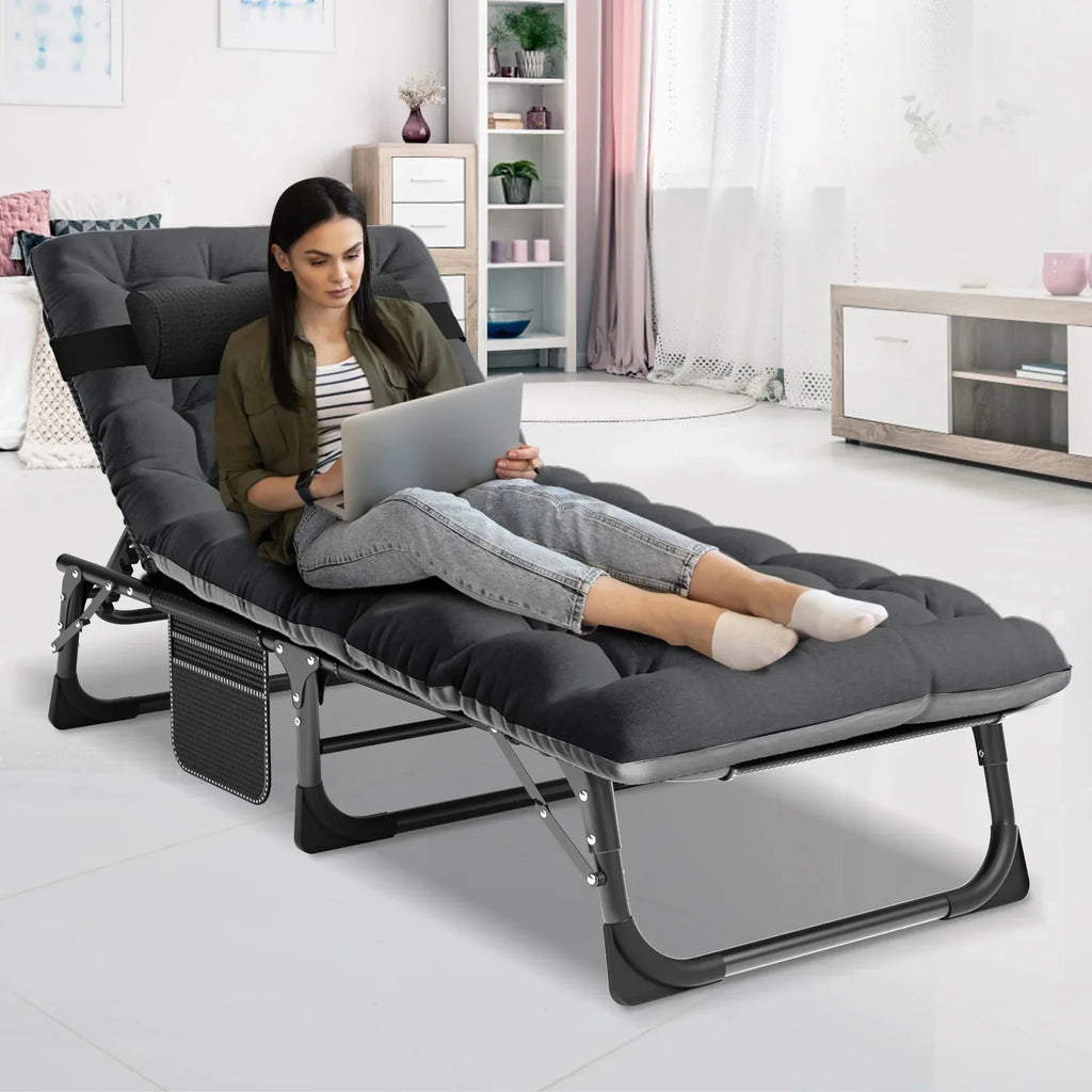 2026 NewMOPHOTO Lounge Chair with Mattress, Outdoor Chaise Lounge Support 440 Lbs, Adjustable Portable Heavy Duty Sleeping Cots Bed for Camping, Pool, Beach, Patio