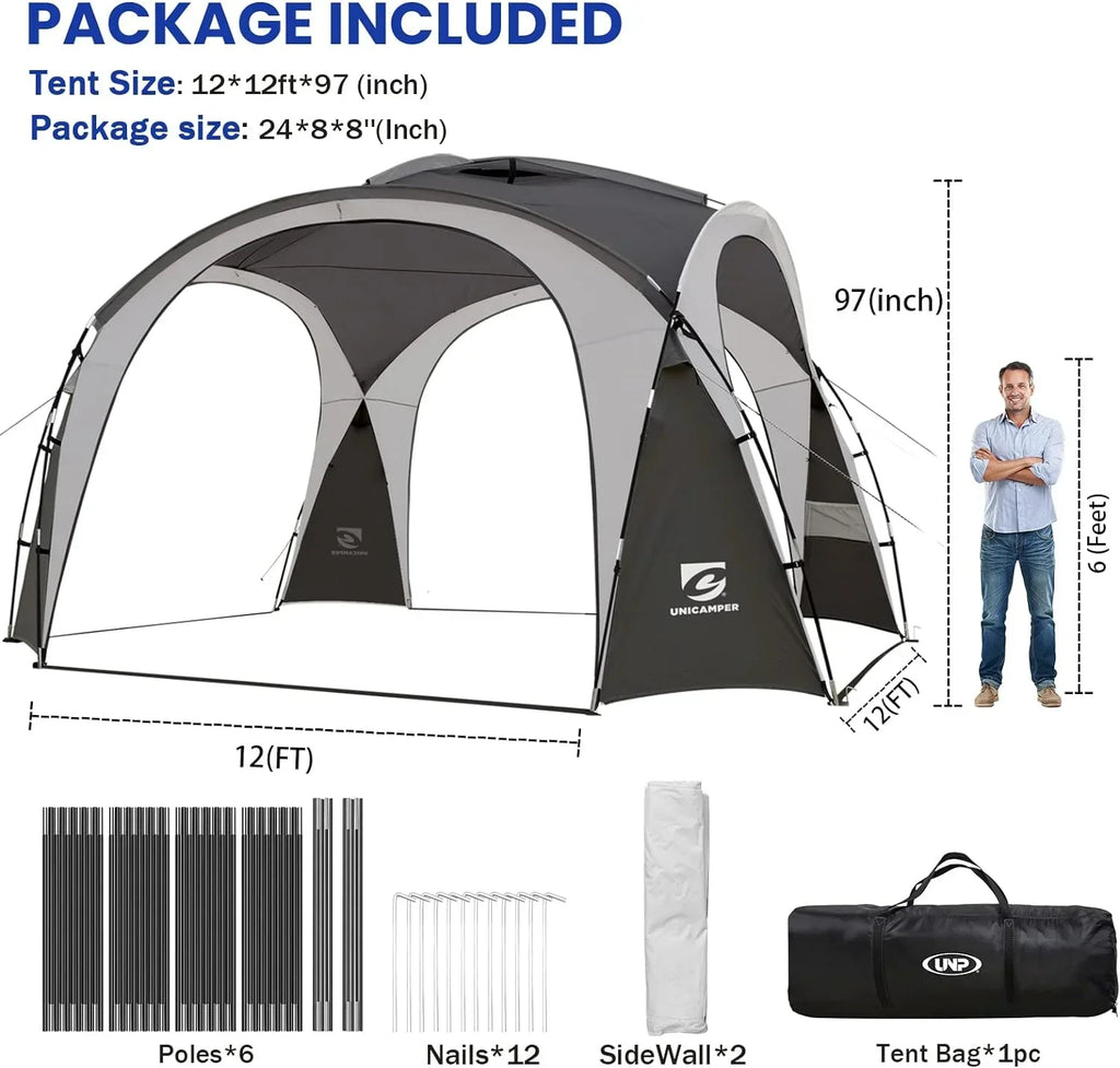 2026 NewUNP Easy Beach Tent 12 X 12ft Pop Up Canopy UPF50+ Tent with Side Wall, Ground Pegs, and Stability Poles, Sun Shelter Rainproof, Waterproof for Camping Trips, Backyard Fun, Party Or Picnics (Gray)