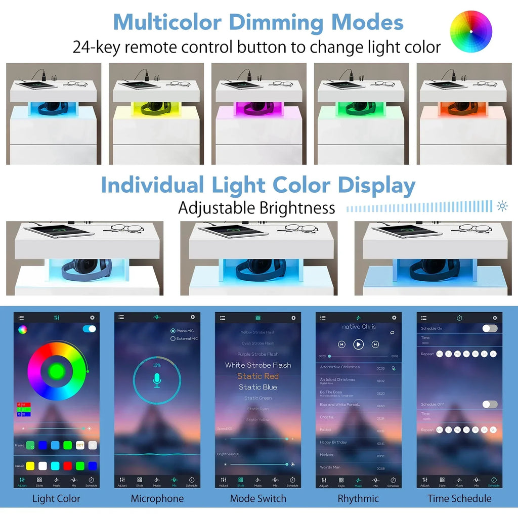 2026 NewHommpa LED Nightstand Wireless Charging Station USB Type C Outlets Bedside Table 3 Drawers Black Night Table Modern Smart Nightstand High Gloss End Side Table for Bedroom Furniture 26.8" Tall