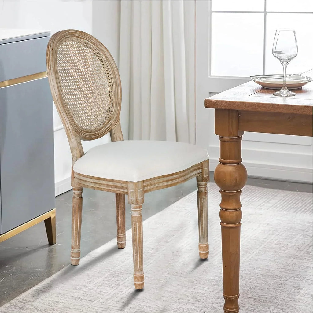 2026 NewFrench Dining Chairs Set of 2 Beige Natural Fabric Round Back with Solid Wood Legs and Frame for Bedroom Dining Room Kitchen