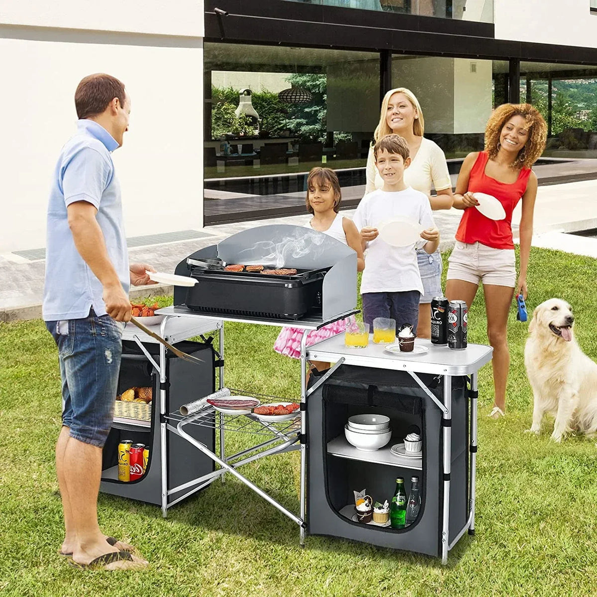 2026 NewCamping Kitchen Table with Storage, Aluminum Portable Outdoor Cooking Table with Windscreen, Foldable Camp Table Cook Station for BBQ, Grill, Party, Picnics