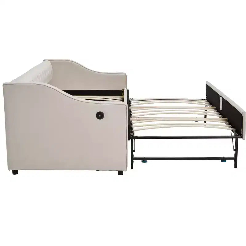 2026 Cama sofá Twin con cama nido, tapizada en terciopelo, puerto USB y bolsillos laterales - ModernLuxe