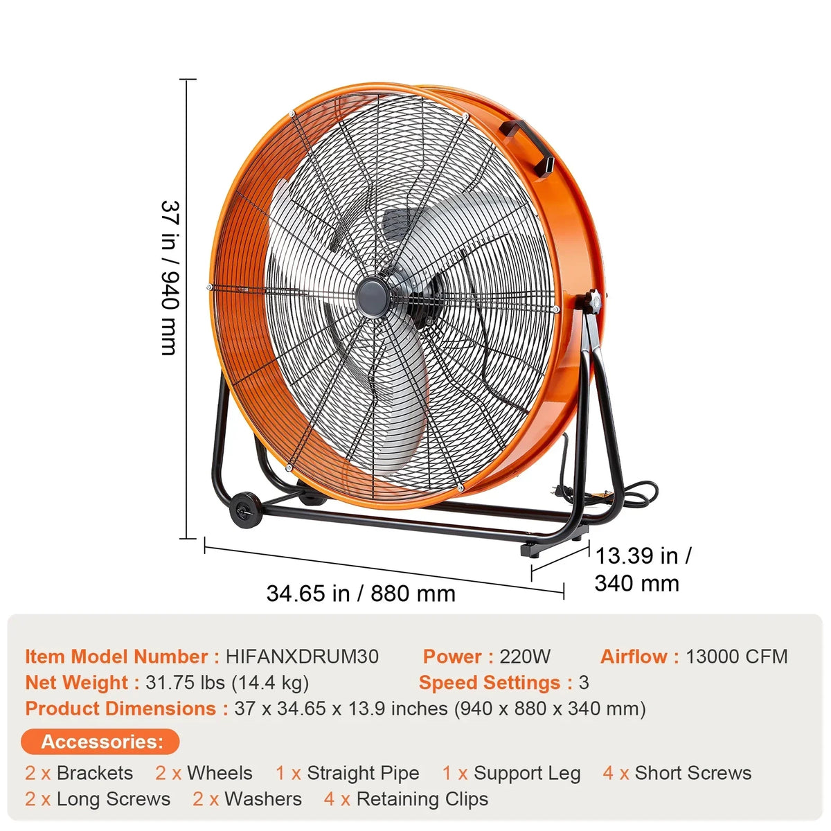 2026 NewKFFKFF Industrial Drum Fan, 30 Inch with High Speed, 3-Speed 13000CFM, Heavy Duty for Commercial Purposes, 360° Flexible Tilt Mechanism, Ideal for Warehouse, Workshop, Factory, and Basement