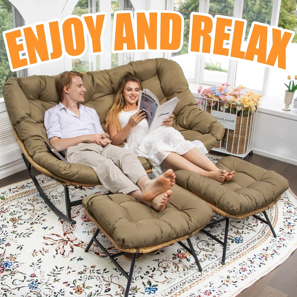 2026 NewRADIATA Beige Double Outdoor Rocking Chair, 2 Person Patio Rocking Egg Chair with Thick Cushion
