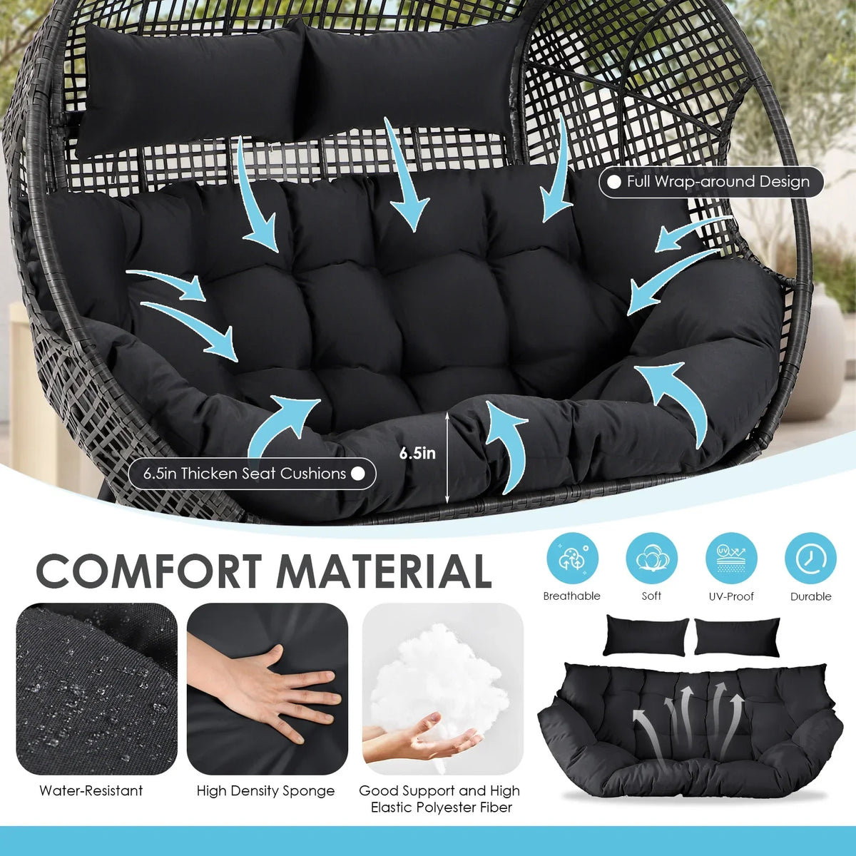 2026 NewRADIATA Double Egg Chair for 2 Person, Oversized Wicker Loveseat with Thick Cushions, 680 lbs Capacity, Indoor Outdoor Stationary Patio Lounge Chair for Balcony, Garden, Beige