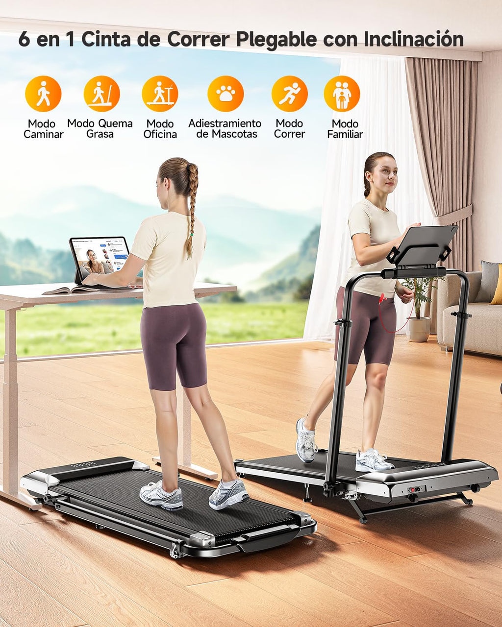 2026 Cinta de correr plegable 6 en 1 con inclinación 1 % / 6 % / 12 %, pasamanos telescópicos ajustables, 2,5 HP, 12 km/h, pantalla LED, mando y app