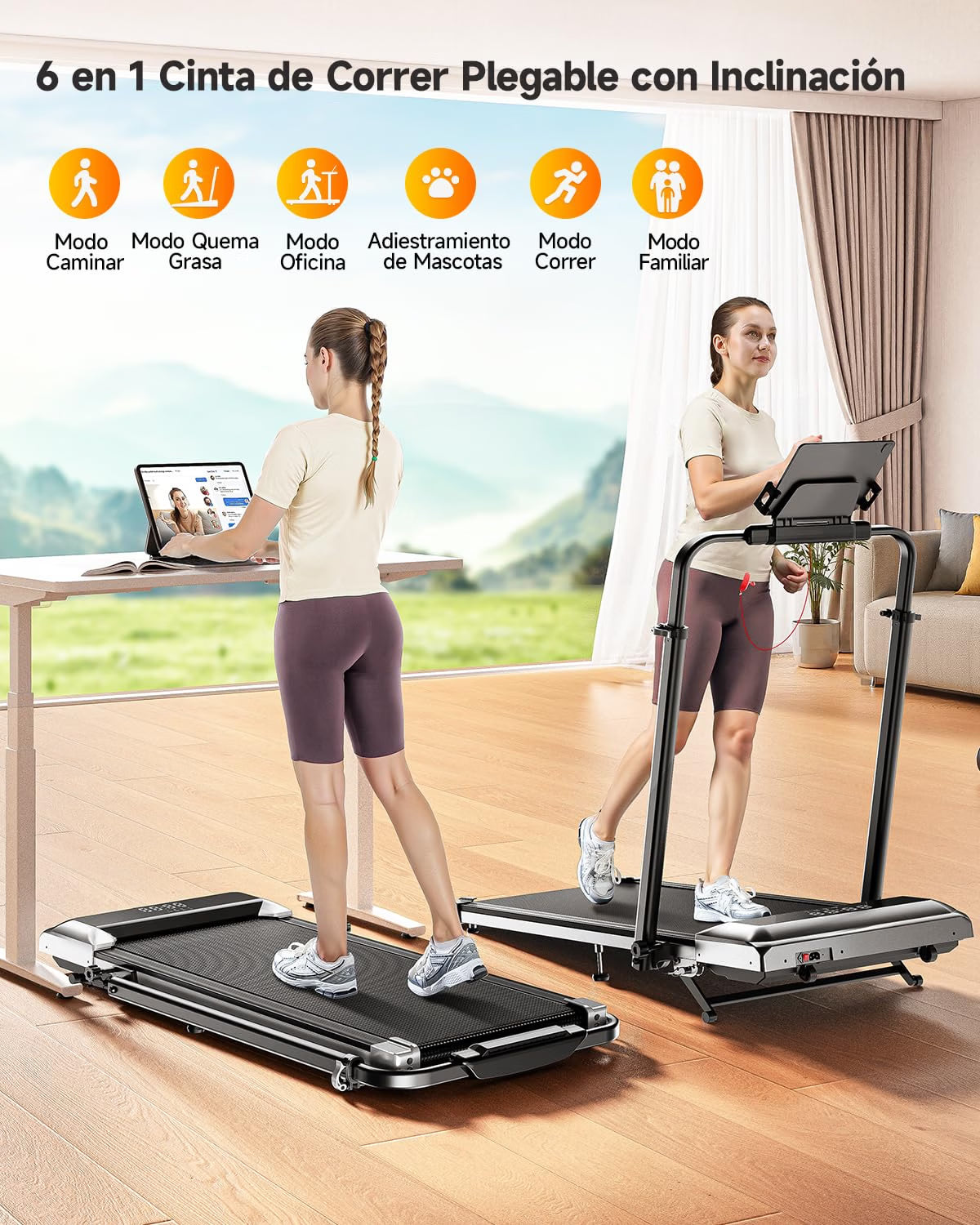 2026 Cinta de correr plegable 6 en 1 con inclinación 1 % / 6 % / 12 %, pasamanos telescópicos ajustables, 2,5 HP, 12 km/h, pantalla LED, mando y app
