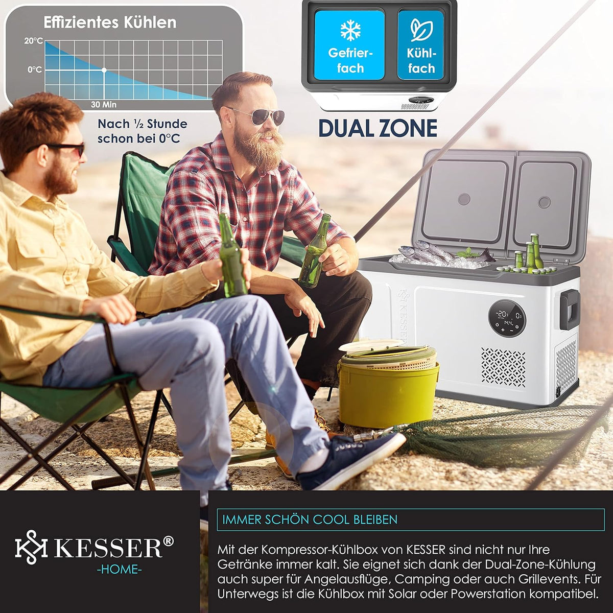 2026 Nevera portátil con compresor KESSER 2 en 1, doble zona de refrigeración y congelación, con 2 acumuladores de frío y control táctil LED | Refrigerador con capacidad de enfriamiento hasta -20 °C para camping, coche y camión, 12/24 V 230 V