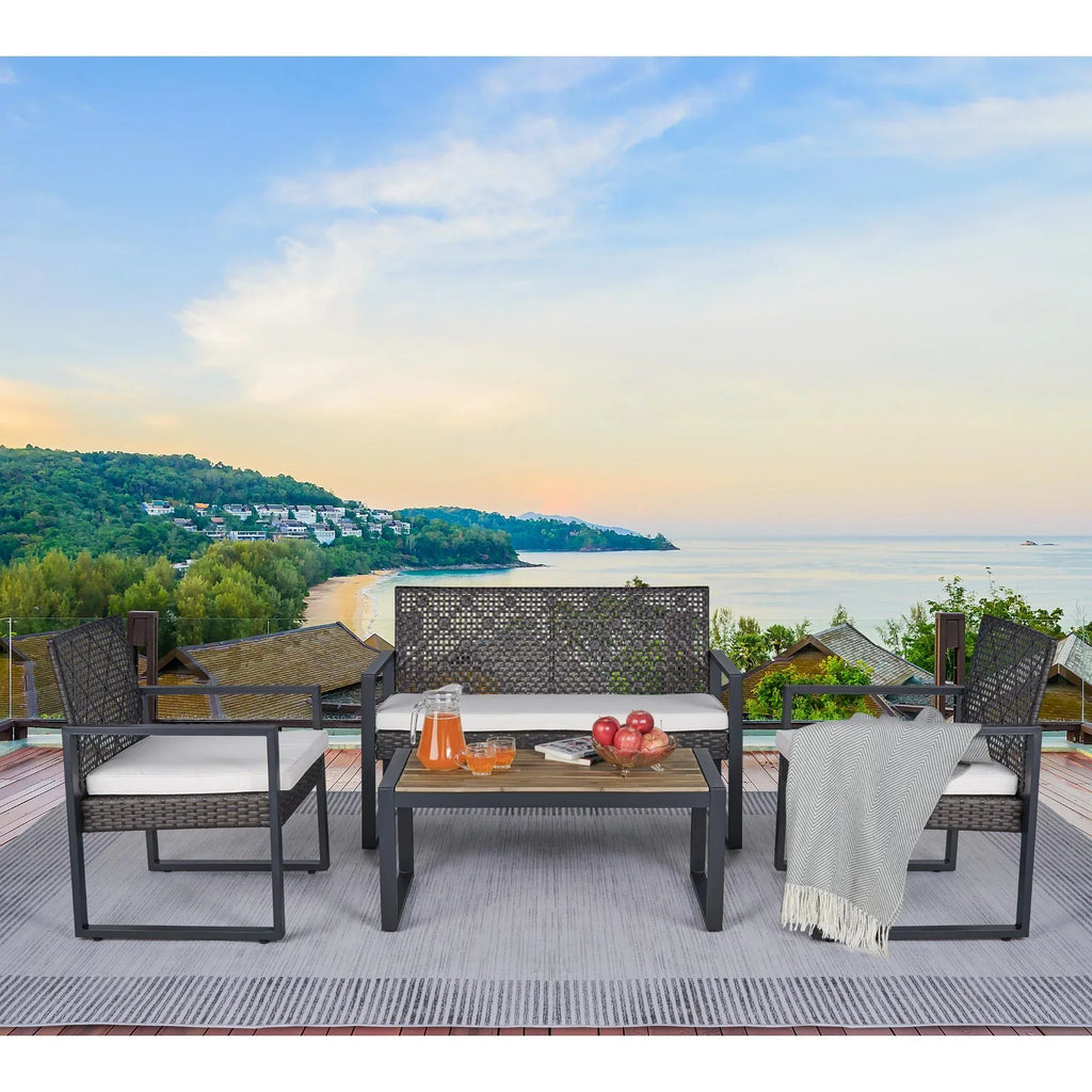 2026 NewHeavy-duty Patio Furniture Set, 4 Piece Outdoor Sectional Conversation Sets, BrownPE Rattan Patio Sofa Set with Blue Cushions