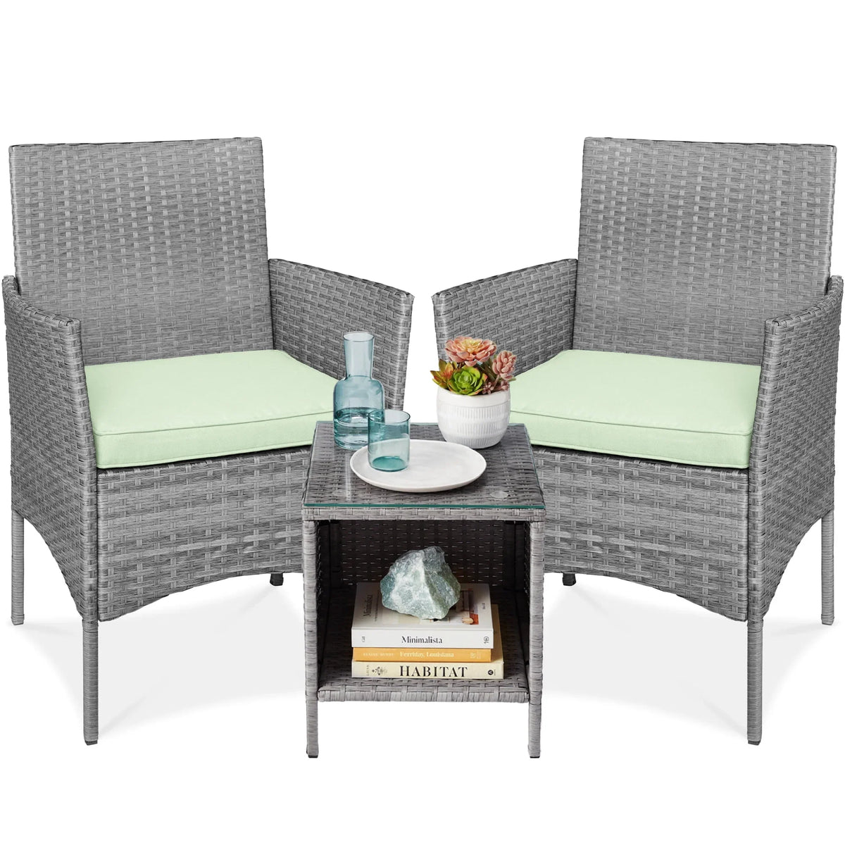 2026 NewBest Choice Products 3-Piece Outdoor Wicker Conversation Patio Bistro Set, w/ 2 Chairs, Table - Gray/Navy