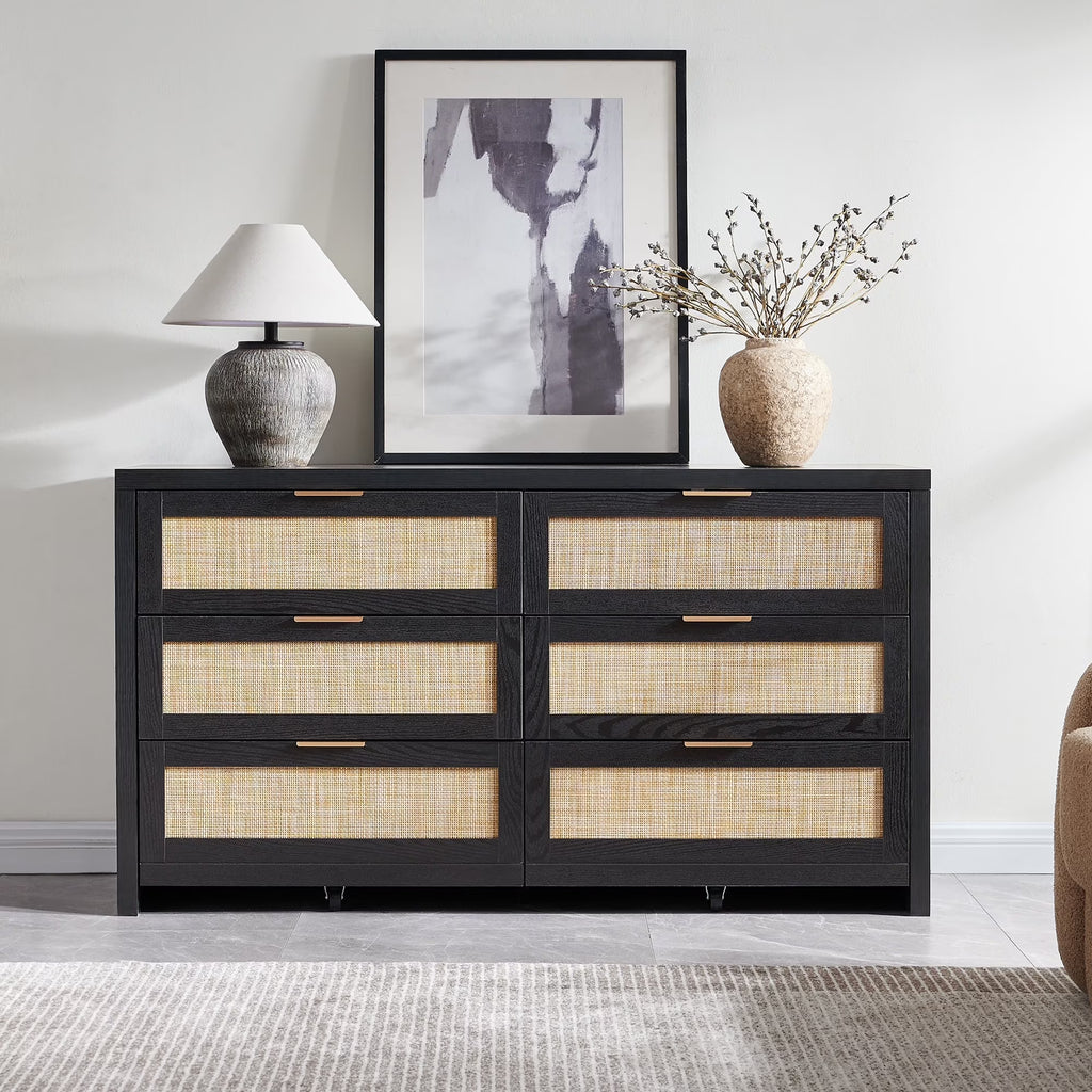 2026 NewSICOTAS 56.85" 6 Drawer Dresser,Rattan Dresser with Storage,Boho Dressers & Chests of Drawers Wooden Tall Dresser for Bedroom