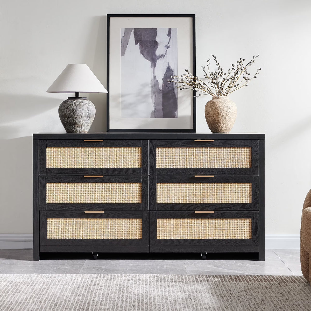 2026 NewSICOTAS 56.85" 6 Drawer Dresser,Rattan Dresser with Storage,Boho Dressers & Chests of Drawers Wooden Tall Dresser for Bedroom