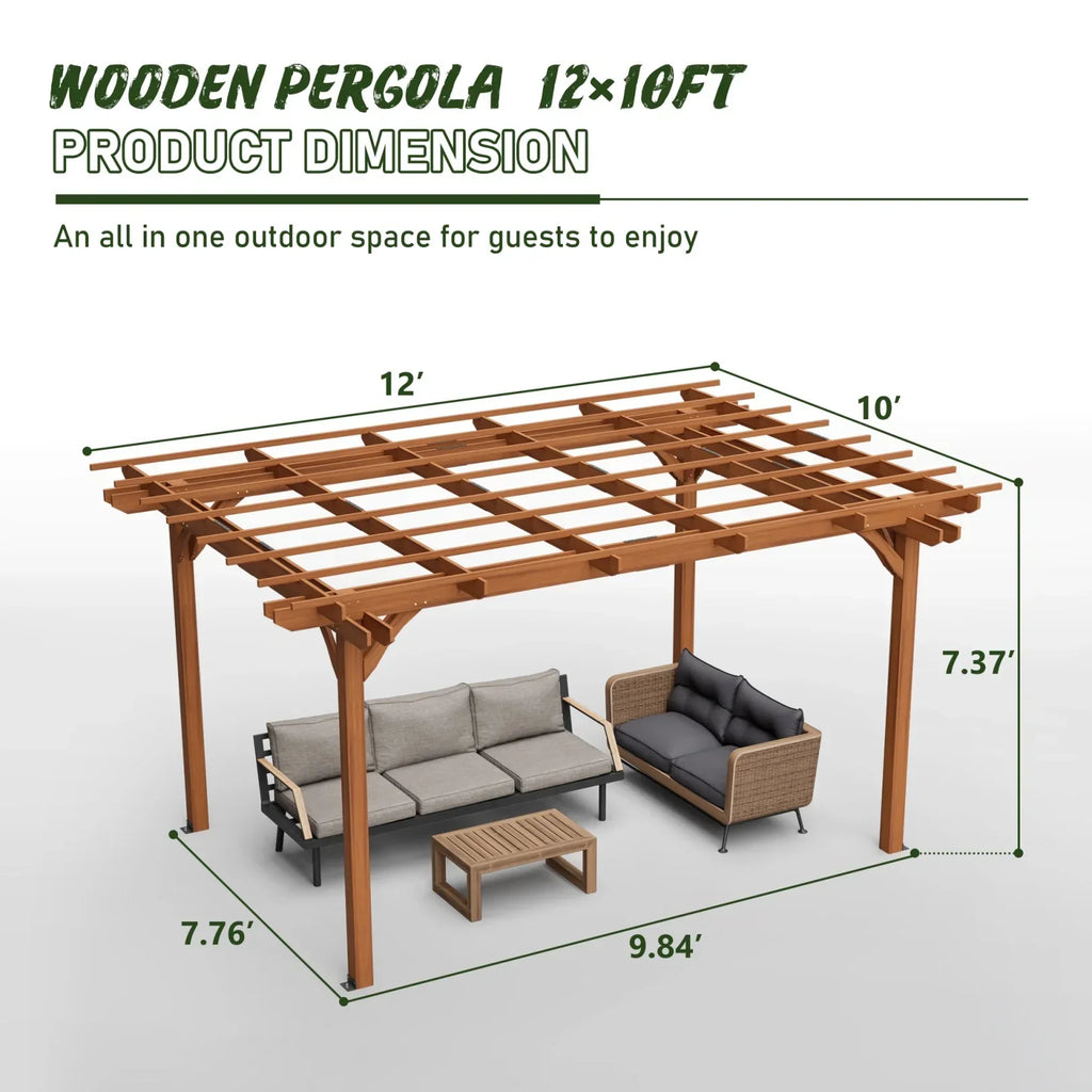 2026 New12 x 10 FT Outdoor Pergola, Wooden Pergola Gazebo with Climbing Plant Support and Waterproof, for Patio Porch Garden Backyard, Brown