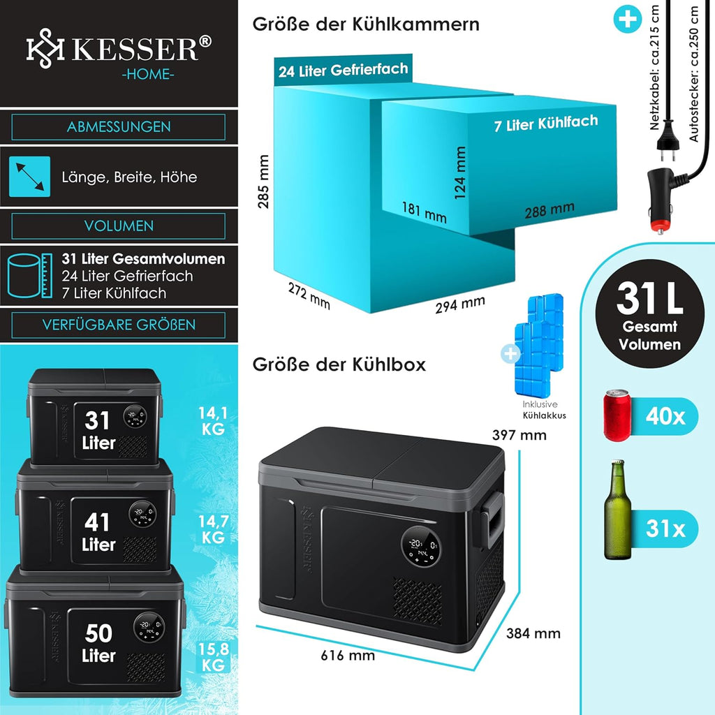 2026 Nevera portátil con compresor KESSER 2 en 1, doble zona de refrigeración y congelación, con 2 acumuladores de frío y control táctil LED | Refrigerador con capacidad de enfriamiento hasta -20 °C para camping, coche y camión, 12/24 V 230 V