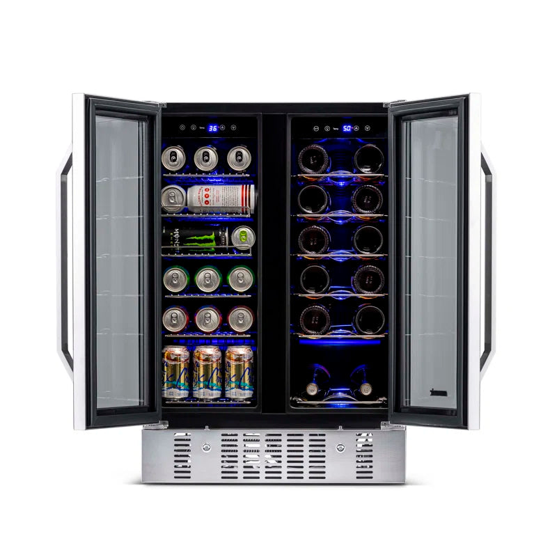 2026 Frigorífico para vinos y bebidas Newair de 24 pulgadas, empotrable, de doble zona, con capacidad para 18 botellas y 58 latas, en acero inoxidable.