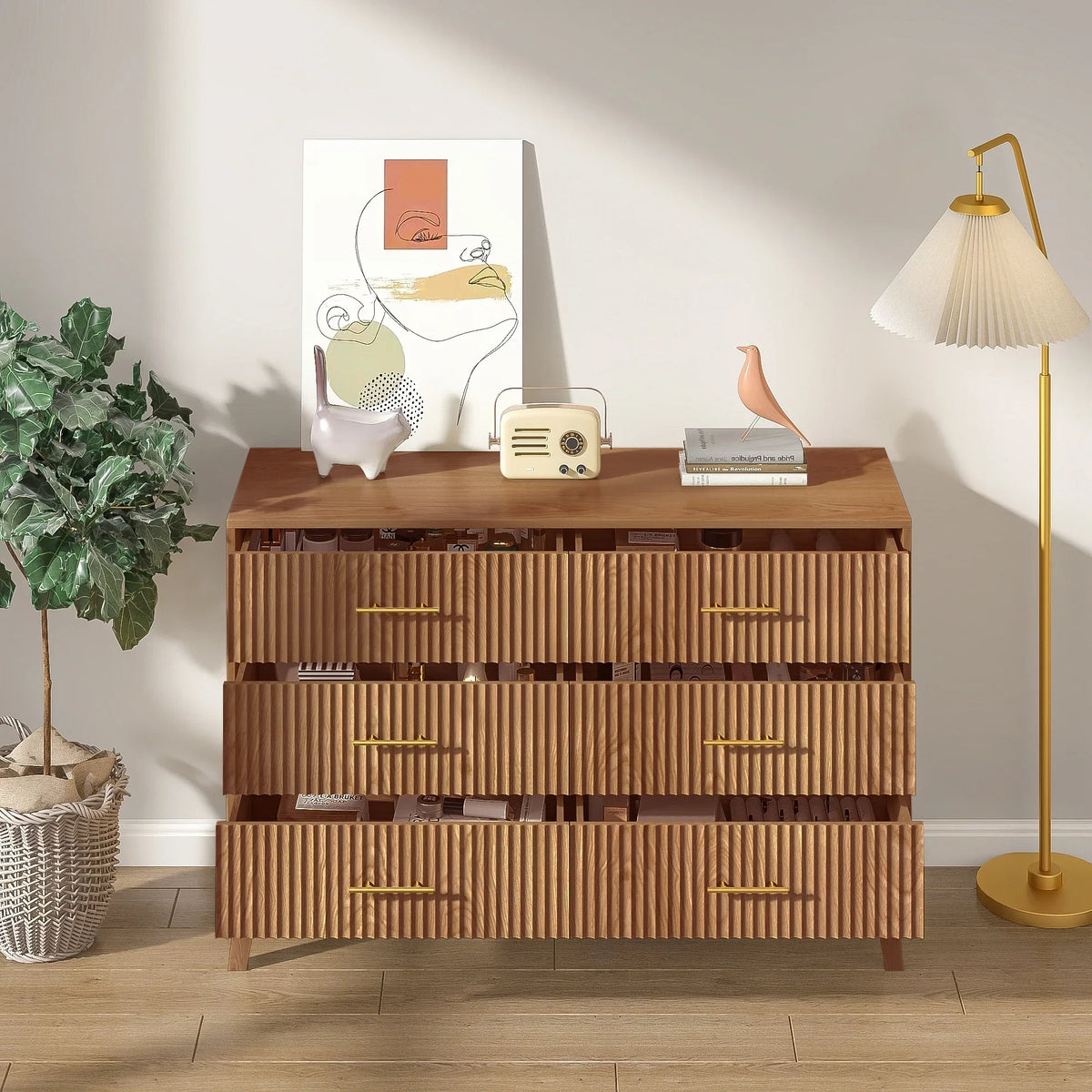 2026 NewFluted 6 Drawers Dresser, Wide Modern Chest of Drawers, 6 Drawer Double Dresser