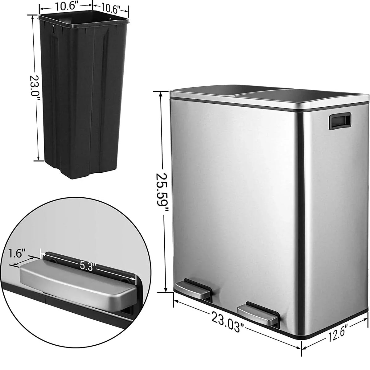 2026 NewArlopu 60 L/16 gal Dual Trash Can, Stainless Steel Garbage Can for Kitchen, Recycle Bin with Lid