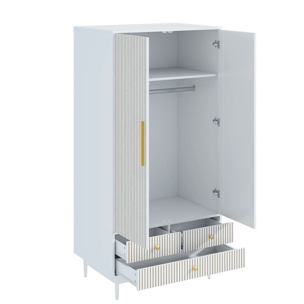2026 NewOubayajia Wardrobe Armoire Closet, 2 Fluted Doors Wardrobe Cabinet with 3-Drawer and Hanging Rod, Wood Wardrobe Storage for Bedroom