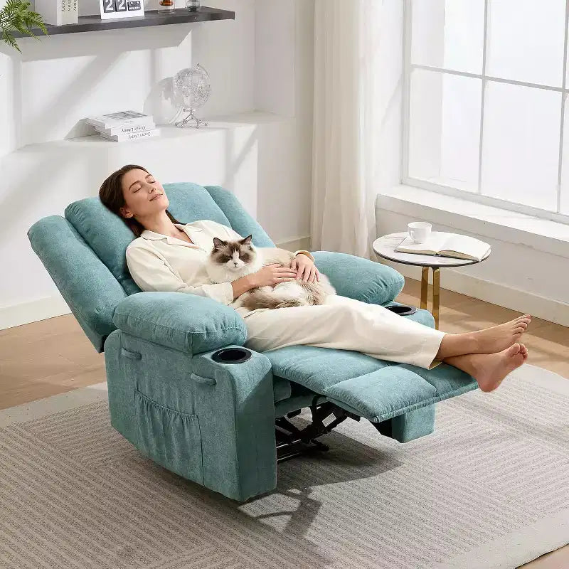 2026 Sillón reclinable manual con masaje por vibración y calefacción lumbar, bolsillo lateral y portavasos