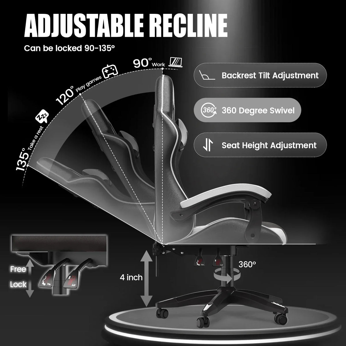 2026 NewBigzzia Gaming Chair Office Chair, Ergonomic Game Chair with Height Adjustable Headrest and Lumbar Support for Adults Teens, Black & White
