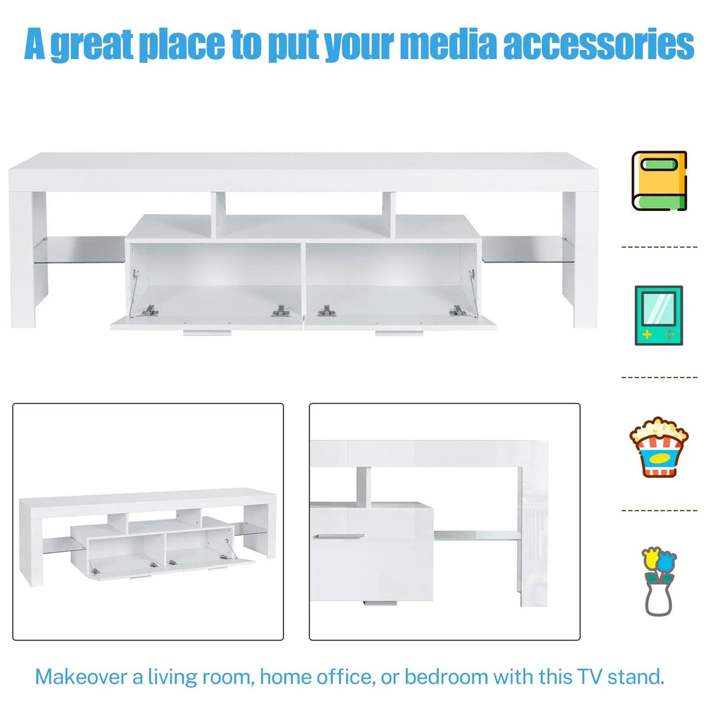 2026 NewPAPROOS TV Stand for TVs up to 70", High Gloss TV Cabinet with LED Light, Modern TV Console Table with Storage Drawers, Media Television Stand Entertainment Center, White