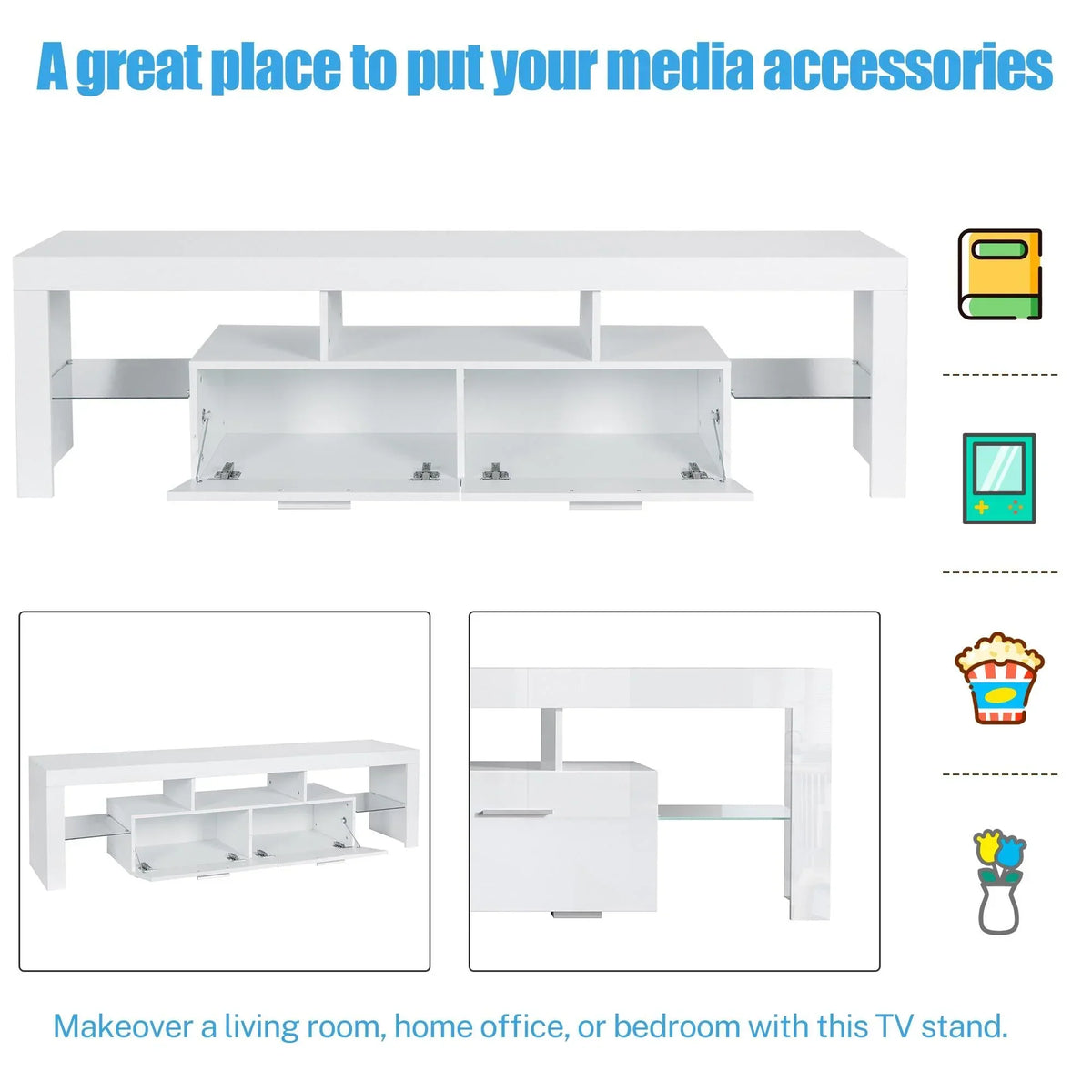 2026 NewPAPROOS TV Stand for TVs up to 70", High Gloss TV Cabinet with LED Light, Modern TV Console Table with Storage Drawers, Media Television Stand Entertainment Center, White