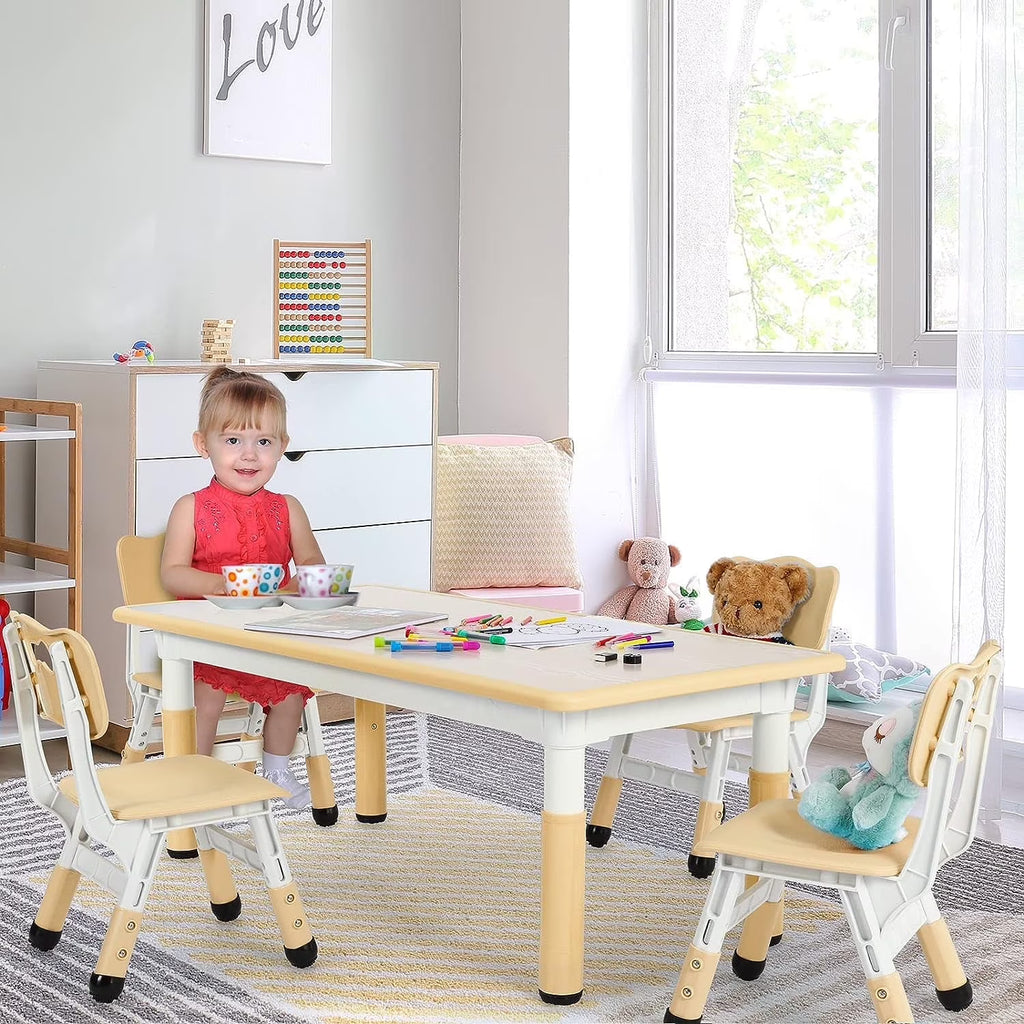 2026 NewLAZY BUDDY Kids Table and 4 Chairs Set, Height Adjustable Toddler Desk with Graffiti Desktop, Kids Activity Table Set for Daycare, Home