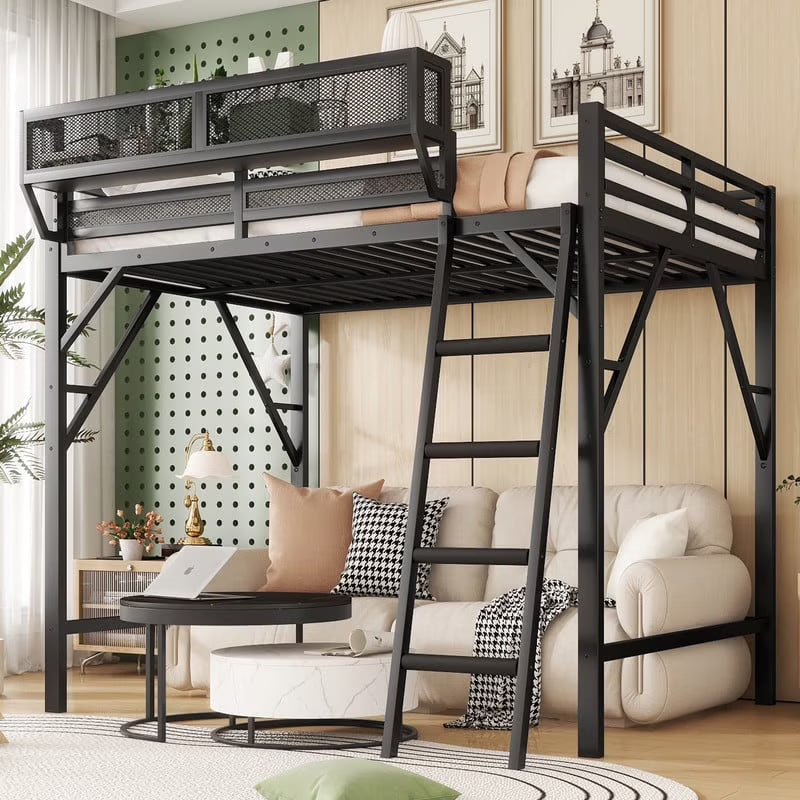 2026 NewDuxelifin Queen Size Metal Loft Bed Frame, Heavy Duty Steel High Loft Bed with Storage Shelves & Ladder, Space-Saving Loft Bed for Apartments, Adults, Teens & Juniors (Black)