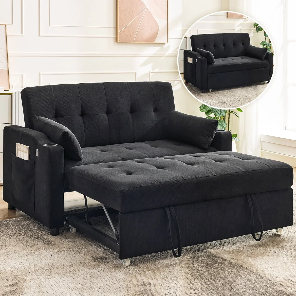 2026 New3 in 1 Convertible Sleeper Sofa Bed, Corduroy Futon Couches with Pull-Out Bed, Adjustable Backrest, Charging Port & Side Pockets, Modern Upholstered Sofa for Living Room, Guest Room