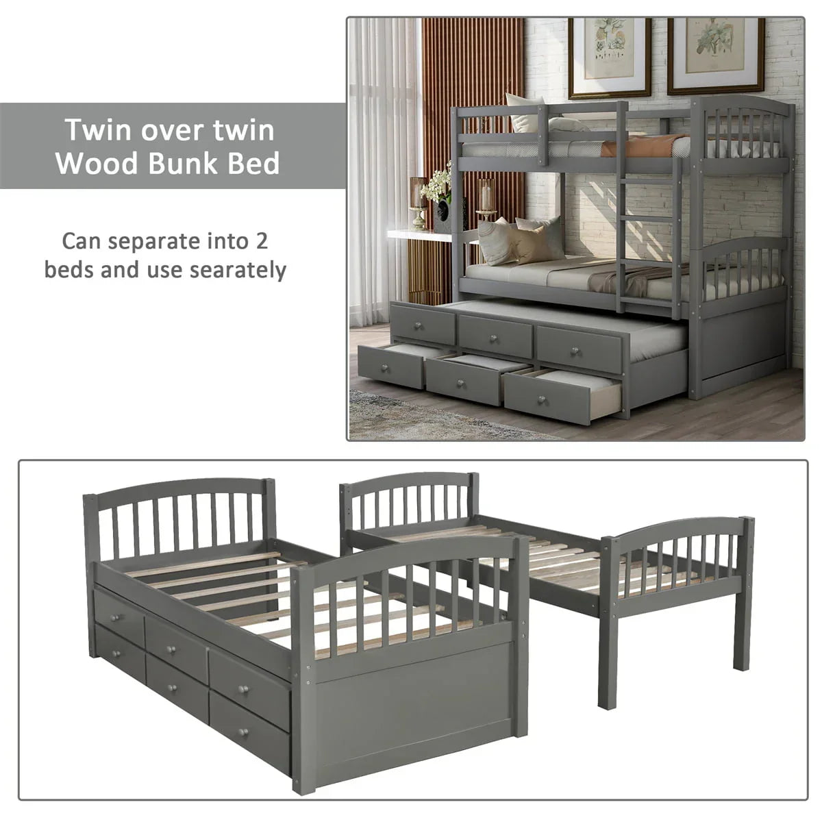 2026 NewTwin-Over-Twin Bunk Bed with 3 Storage Drawers, Twin Bunk Bed Frame with Ladder & Safety Rail, Pinewood Trundle Bunk Bed for Teen Bedroom, Guest Room Furniture, Can be Convertible to 2 Beds, Gray