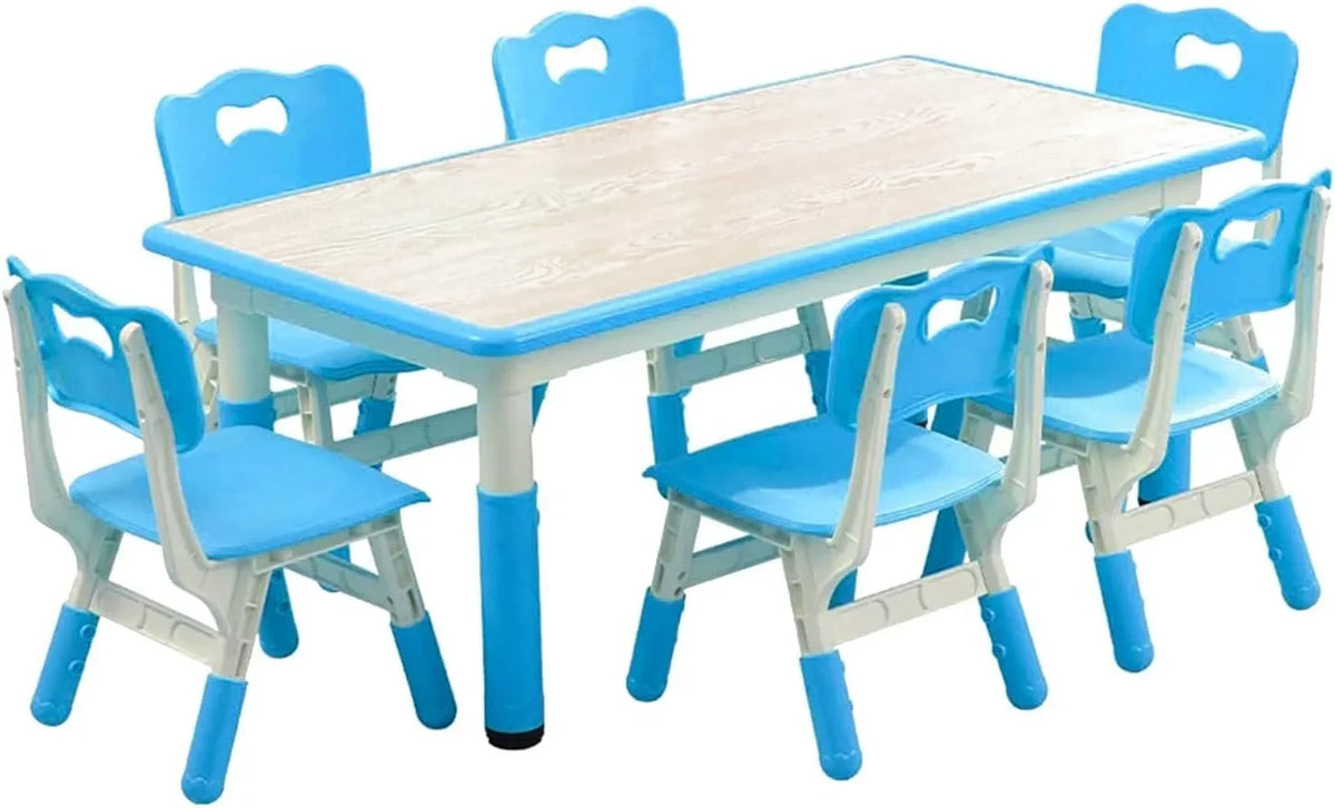 2026 NewTROPOW Kids Table and Chairs,Height Adjustable Toddler Table and 6 Chair,Multi-Activity Table with Graffiti Desktop Non-Slip Legs for Ages 2-10,Children Activity Table for Daycare,Classroom,Blue